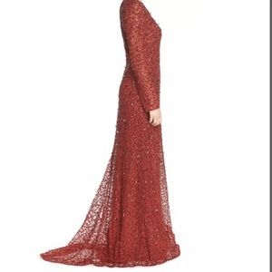 Adrianna Papell Long Sleeve V neck Beaded gown